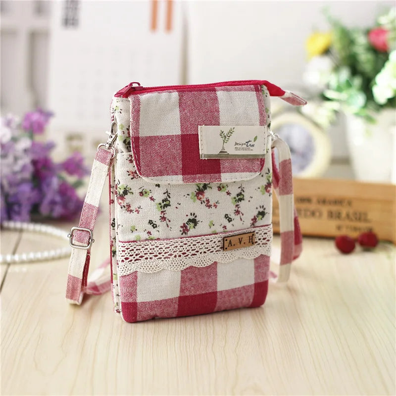 Women's Cotton Wallets Floral Plaid Phone Purses Coin Pouches Shoulder Bags