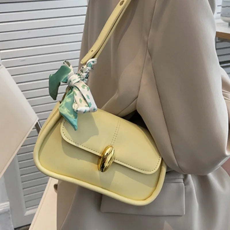 Yellow Leather Crossbody Bag with Silk Scarf