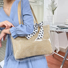 Women's Transparent Jelly Tote Bag Straw Woven Handbag