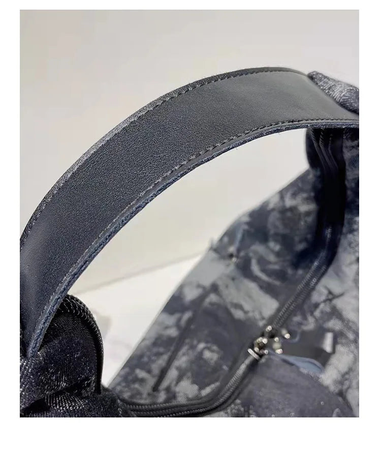 Women's Tie-Dye Denim Shoulder Bag with Leather Strap