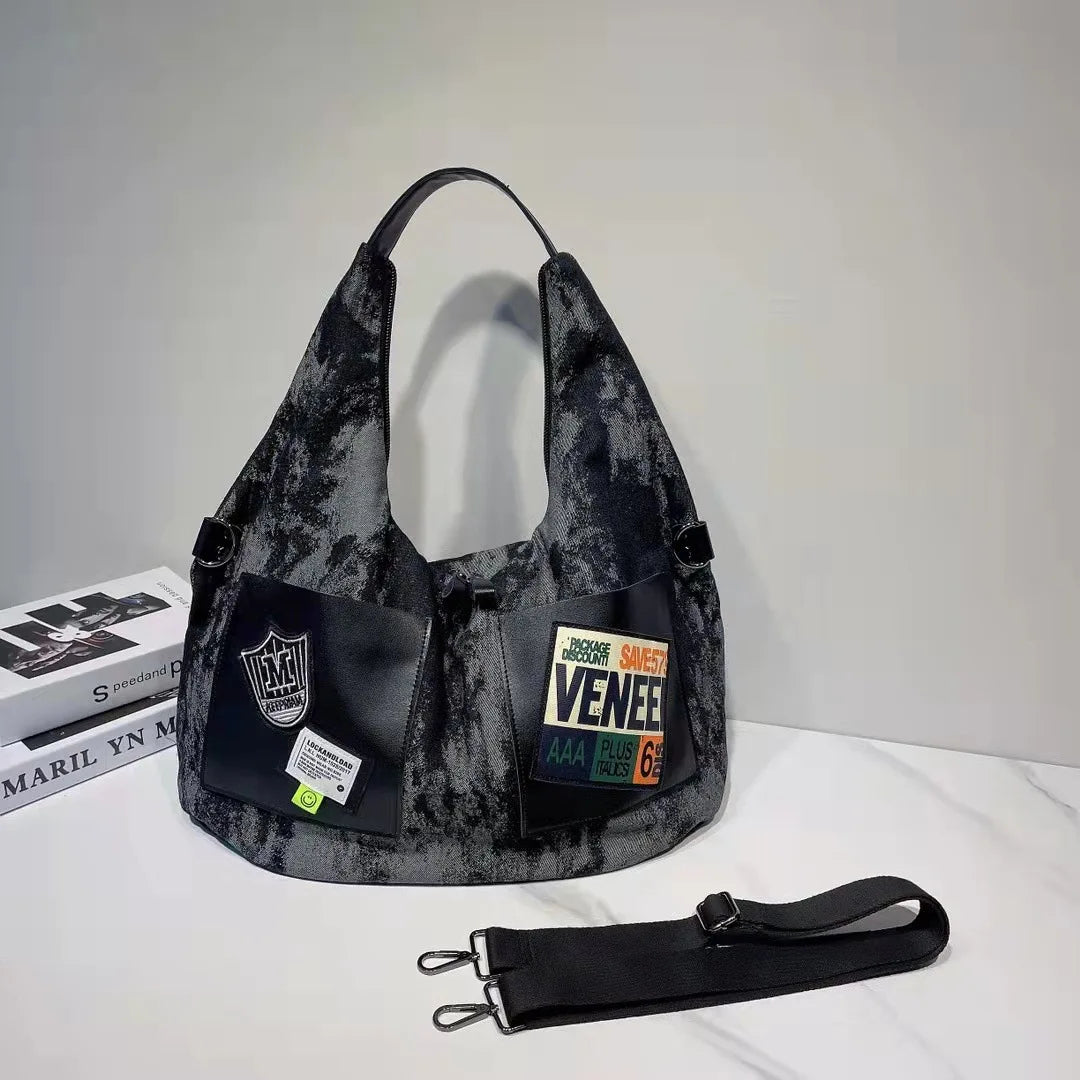 Women's Tie-Dye Denim Shoulder Bag with Leather Strap