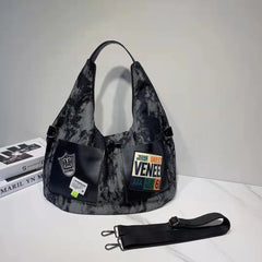 Women's Tie-Dye Denim Shoulder Bag with Leather Strap
