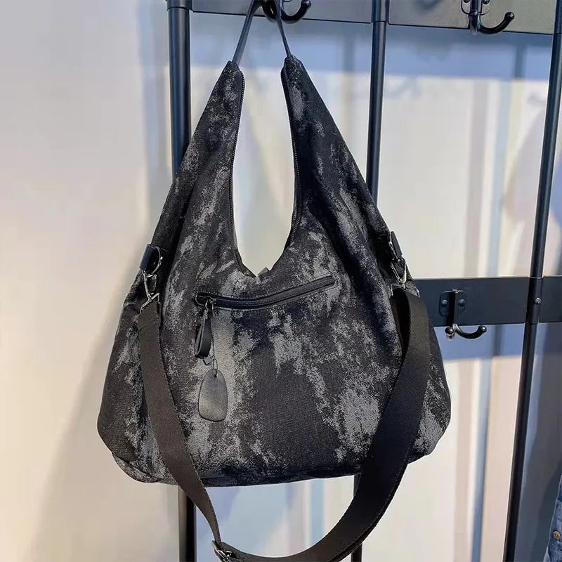 Women's Tie-Dye Denim Shoulder Bag with Leather Strap