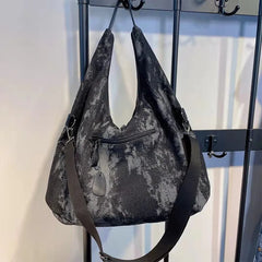 Women's Tie-Dye Denim Shoulder Bag with Leather Strap