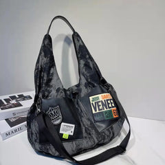 Women's Tie-Dye Denim Shoulder Bag with Leather Strap