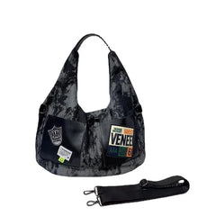 Women's Tie-Dye Denim Shoulder Bag with Leather Strap