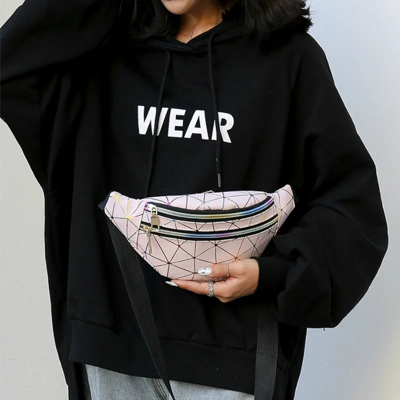 Women's Pink Silver Fanny Pack Geometric Waist Packs Phone Pouch