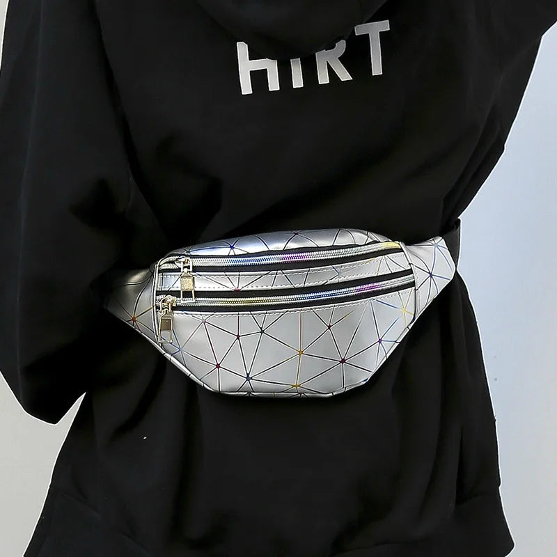 Women's Pink Silver Fanny Pack Geometric Waist Packs Phone Pouch