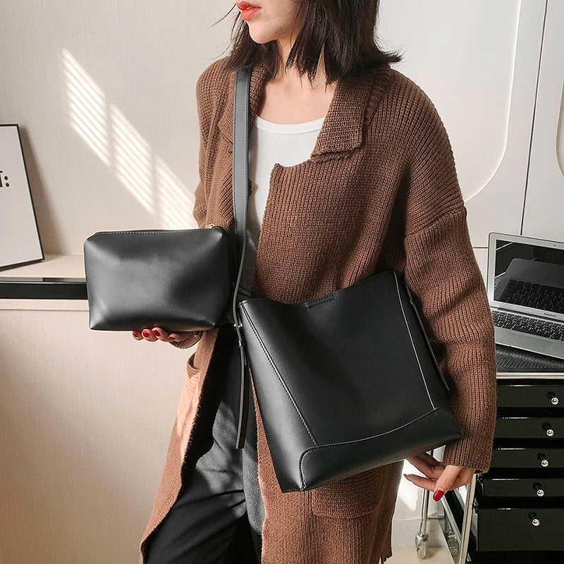 Women's Casual Shoulder Bag 2-Piece Set Solid Leather Texture Fabric
