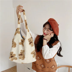 Fluffy Fur Bear Shoulder Bag Large Capacity Soft Shopping Bag