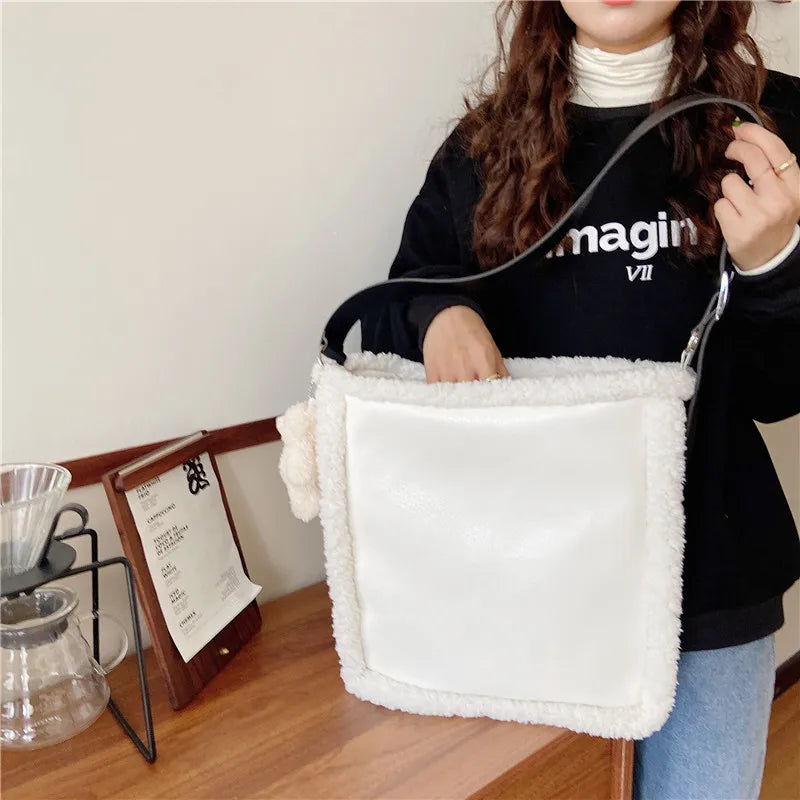 Women's Large-capacity PU Stitching Lamb Hair-shoulder Diagonal Bag
