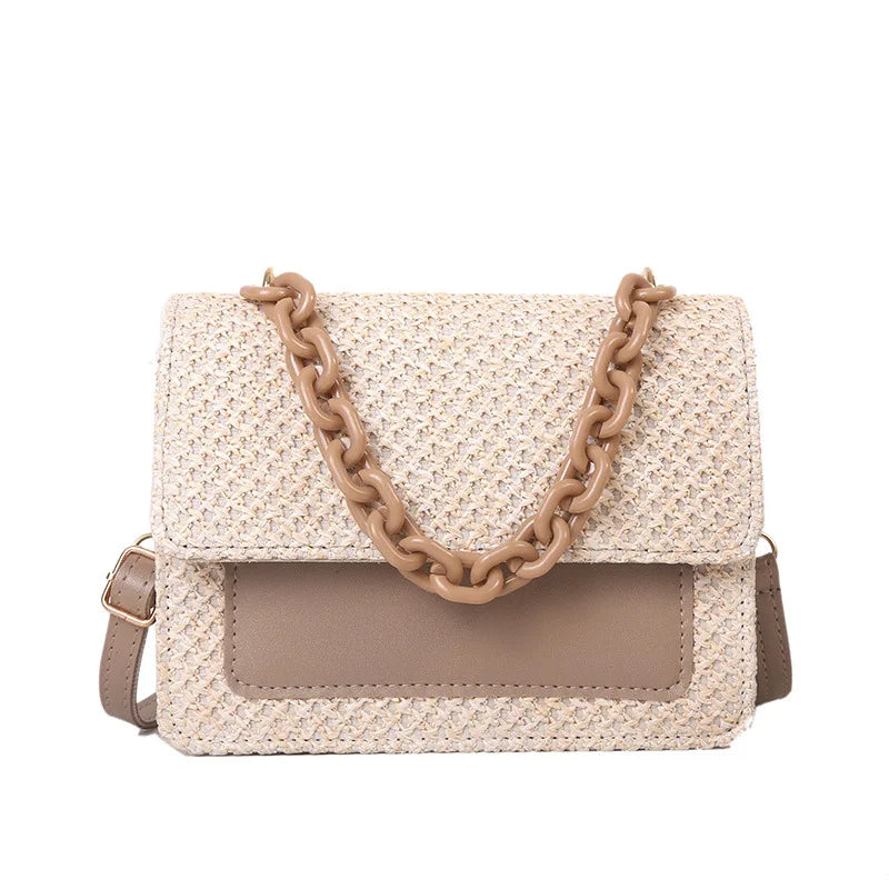 Women's Chain Straw Shoulder Bag All-Match Portable Small Square Bag