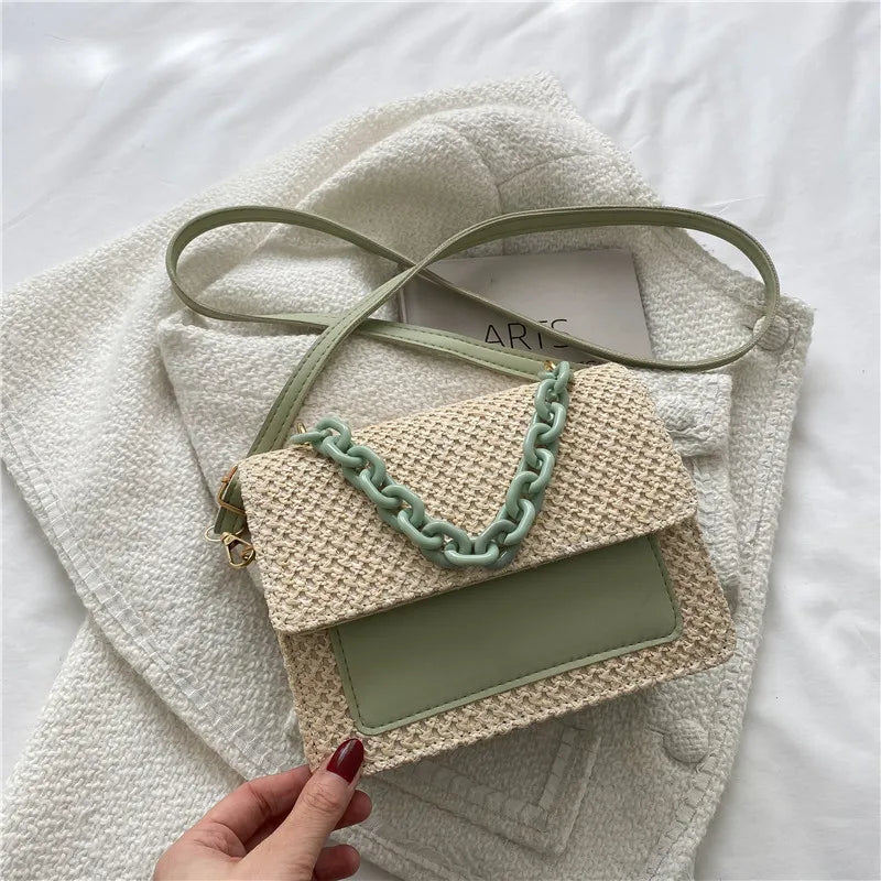Women's Chain Straw Shoulder Bag All-Match Portable Small Square Bag