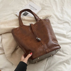 Vintage Oil Leather Shoulder Bag for Women Zipper Bucket Handbag