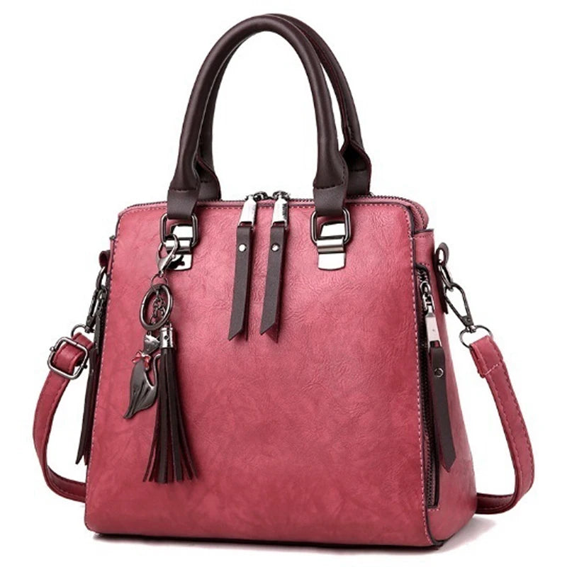 Solid Fringe Shoulder Zip Tote Handbag for Women