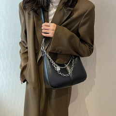 Solid Leather Shoulder Bag with Silver Chain - Mini Mobile Phone Messenger Bag