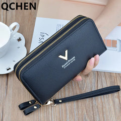 Women's Long Clutch Bag with Double Zipper and Hand Strap