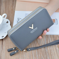 Women's Long Clutch Bag with Double Zipper and Hand Strap
