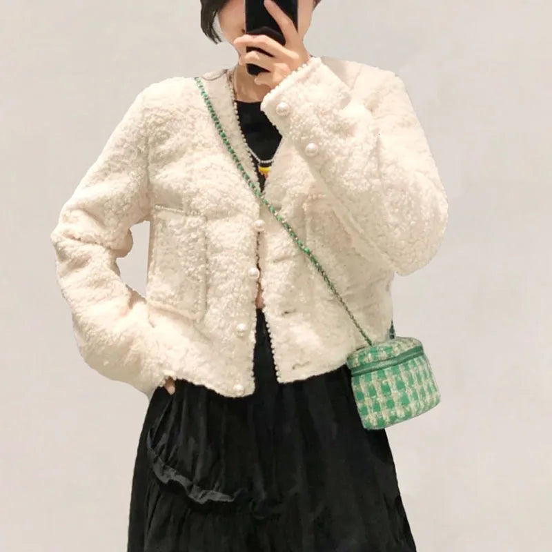 Women's Retro Woolen Chain Messenger Bag Mini Bucket Bag