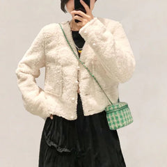 Women's Retro Woolen Chain Messenger Bag Mini Bucket Bag
