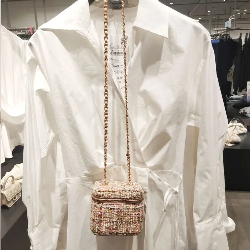 Women's Retro Woolen Chain Messenger Bag Mini Bucket Bag