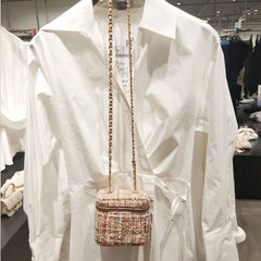 Women's Retro Woolen Chain Messenger Bag Mini Bucket Bag