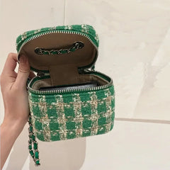 Women's Retro Woolen Chain Messenger Bag Mini Bucket Bag