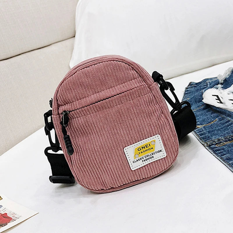 Small Corduroy Messenger Bag Pink Zipper Purse for Girl