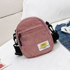 Small Corduroy Messenger Bag Pink Zipper Purse for Girl