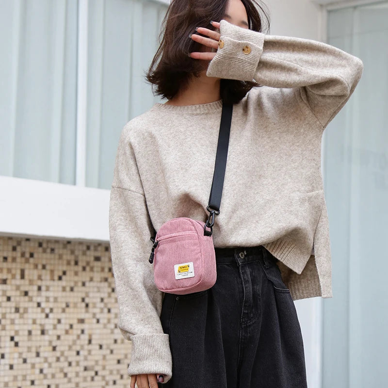 Small Corduroy Messenger Bag Pink Zipper Purse for Girl