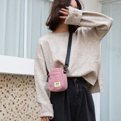Small Corduroy Messenger Bag Pink Zipper Purse for Girl
