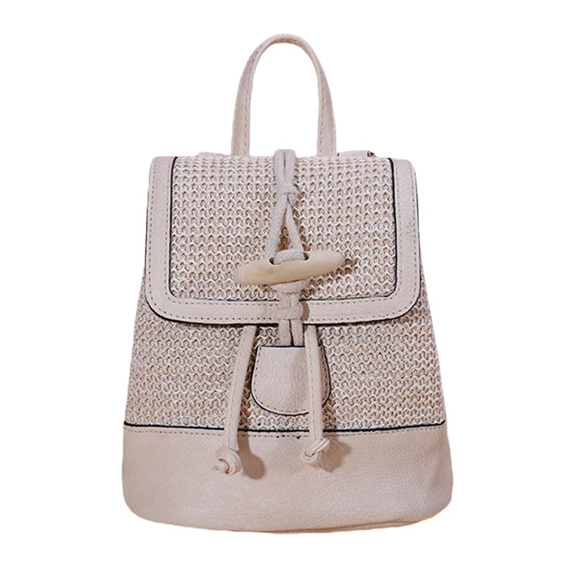 Vintage Bohemian Backpack Straw PU Leather Horn Button Crossbody Bag Pack