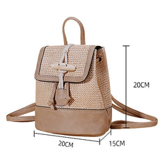 Vintage Bohemian Backpack Straw PU Leather Horn Button Crossbody Bag Pack