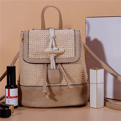 Vintage Bohemian Backpack Straw PU Leather Horn Button Crossbody Bag Pack