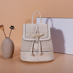 Vintage Bohemian Backpack Straw PU Leather Horn Button Crossbody Bag Pack
