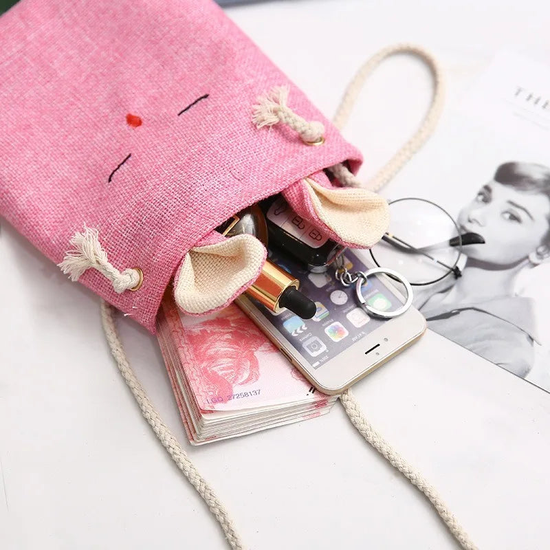Small Linen Crossbody Bag Purse with 3D Bunny Ears
