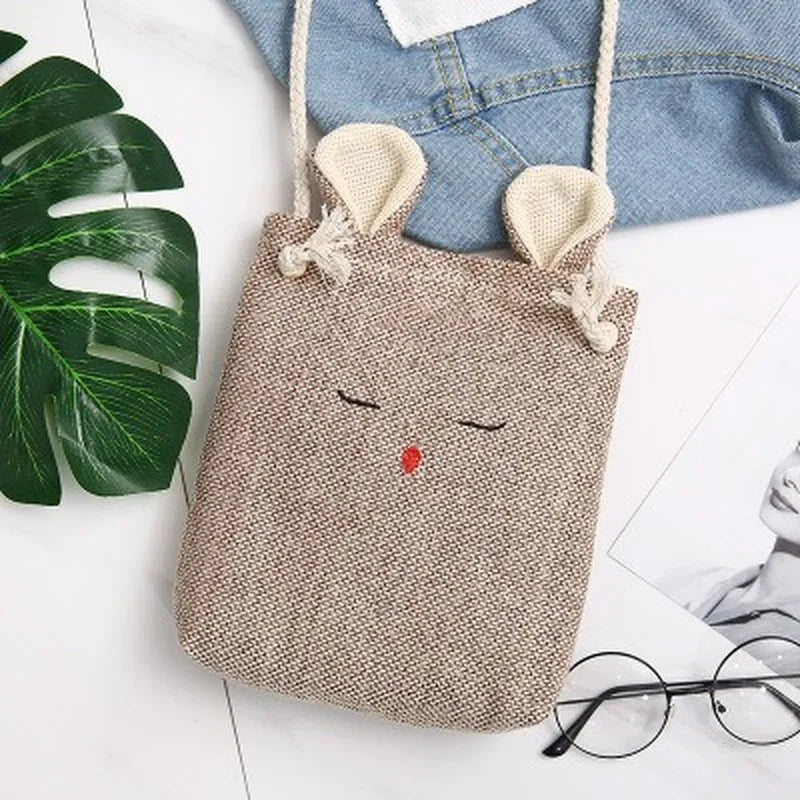 Small Linen Crossbody Bag Purse with 3D Bunny Ears