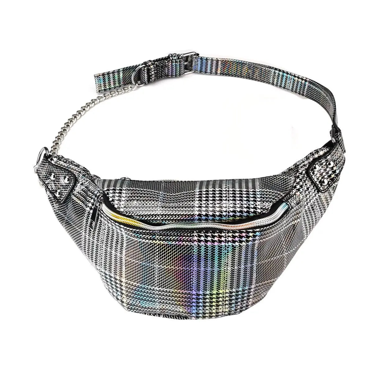 Womens Check Pattern Waist Bag Chain Fanny Pack