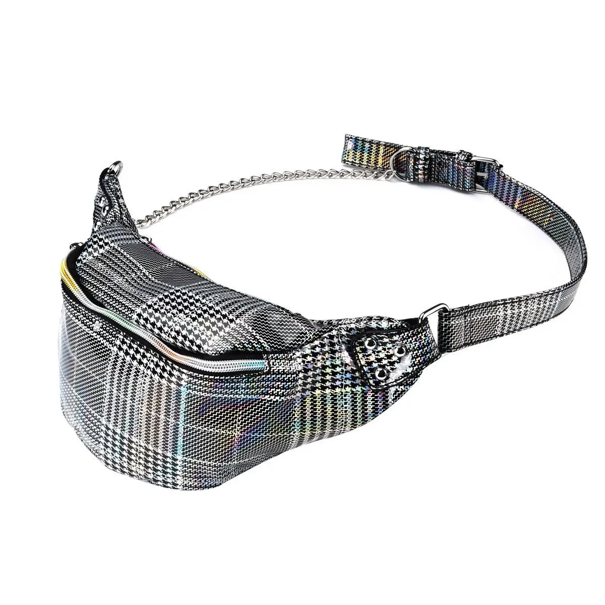 Womens Check Pattern Waist Bag Chain Fanny Pack