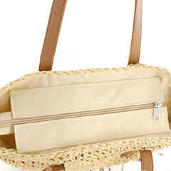 Retro Handbag Solid Summer Beach Bag Zipper Rattan Woven Straw Totes