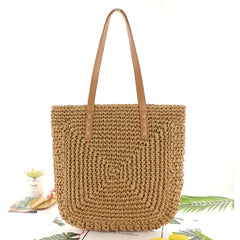 Retro Handbag Solid Summer Beach Bag Zipper Rattan Woven Straw Totes