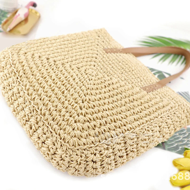 Retro Handbag Solid Summer Beach Bag Zipper Rattan Woven Straw Totes