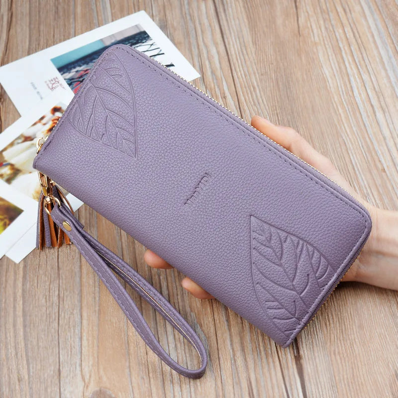 PU Leather Women's Wallet Leaf Print Long Purse Large Capacity Bag