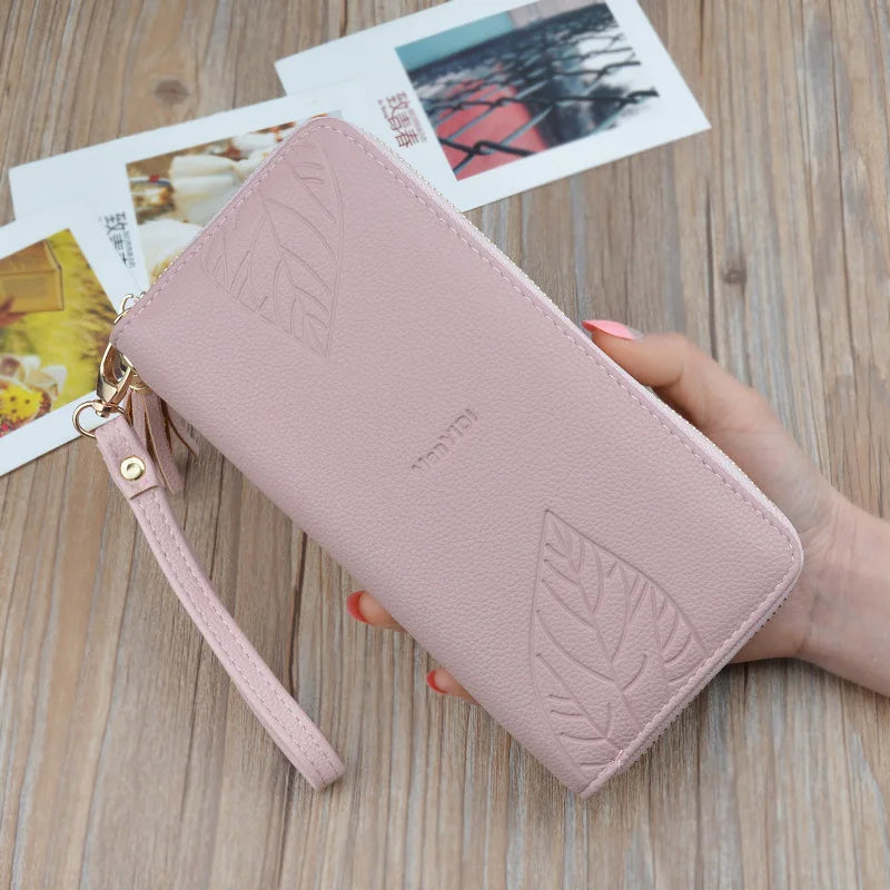 PU Leather Women's Wallet Leaf Print Long Purse Large Capacity Bag
