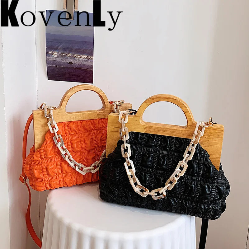 Wooden Handle Handbag Shoulder Bag for Women Clutch Crossbody Bags