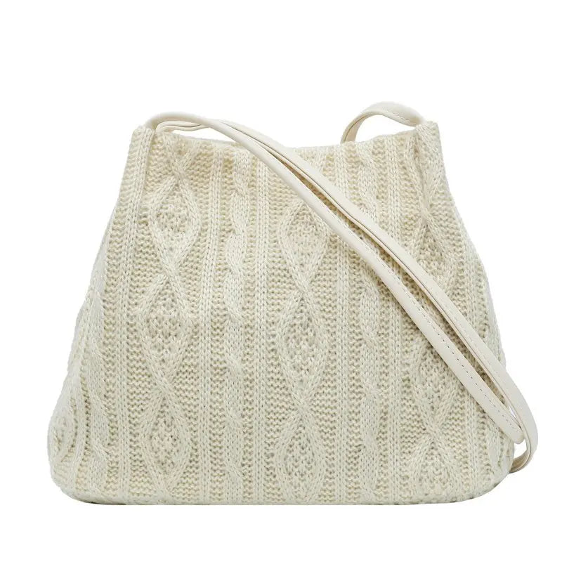 Wool Knitted Women's Shoulder Bag Woven Striped Handbag Buckle Bucket Tote Bags