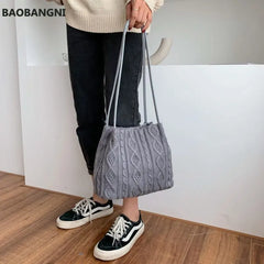 Wool Knitted Women's Shoulder Bag Woven Striped Handbag Buckle Bucket Tote Bags