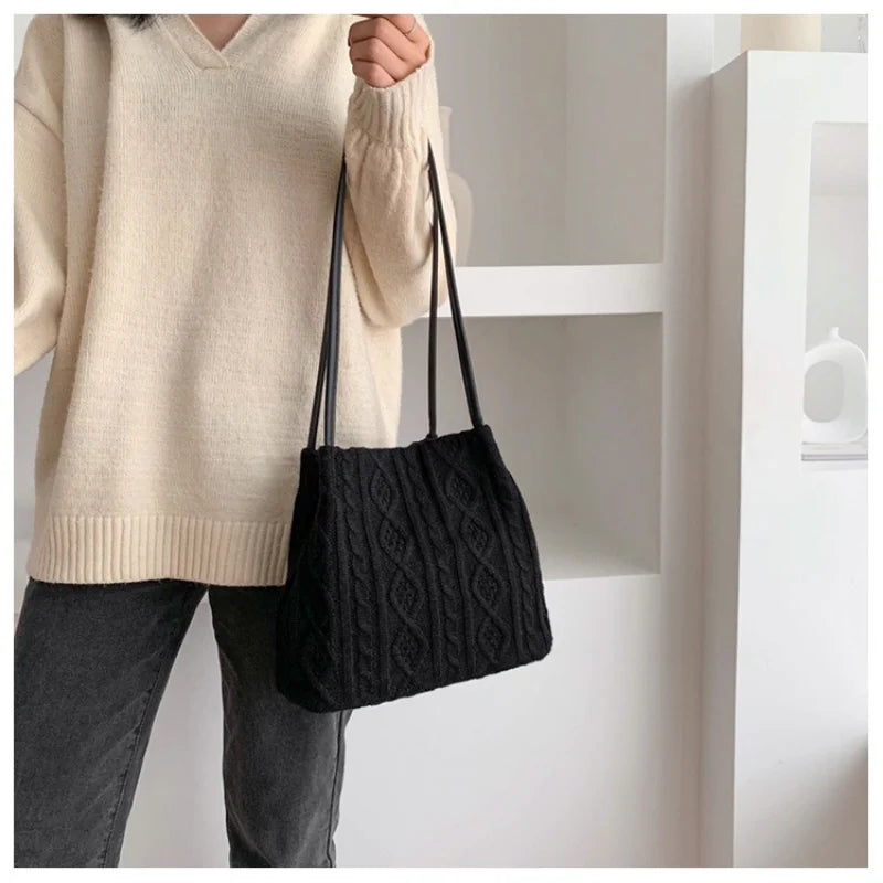 Striped Wool Knitted Women's Shoulder Bag Handbag Armpit Bag Tote Shopping Bags