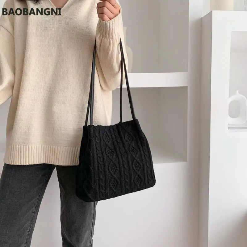 Wool Knitted Women's Shoulder Bag Woven Striped Handbag Buckle Bucket Tote Bags