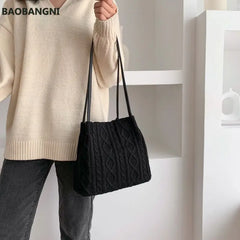 Wool Knitted Women's Shoulder Bag Woven Striped Handbag Buckle Bucket Tote Bags